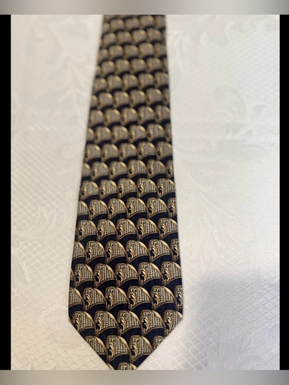 Zianetti Italian Silk Collection Tie Extra Long 64” Black Gold Vintage Pattern